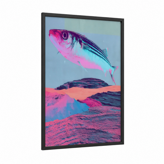 Neon Zebrafish framed art print — black wood frame — magenta and blue palette