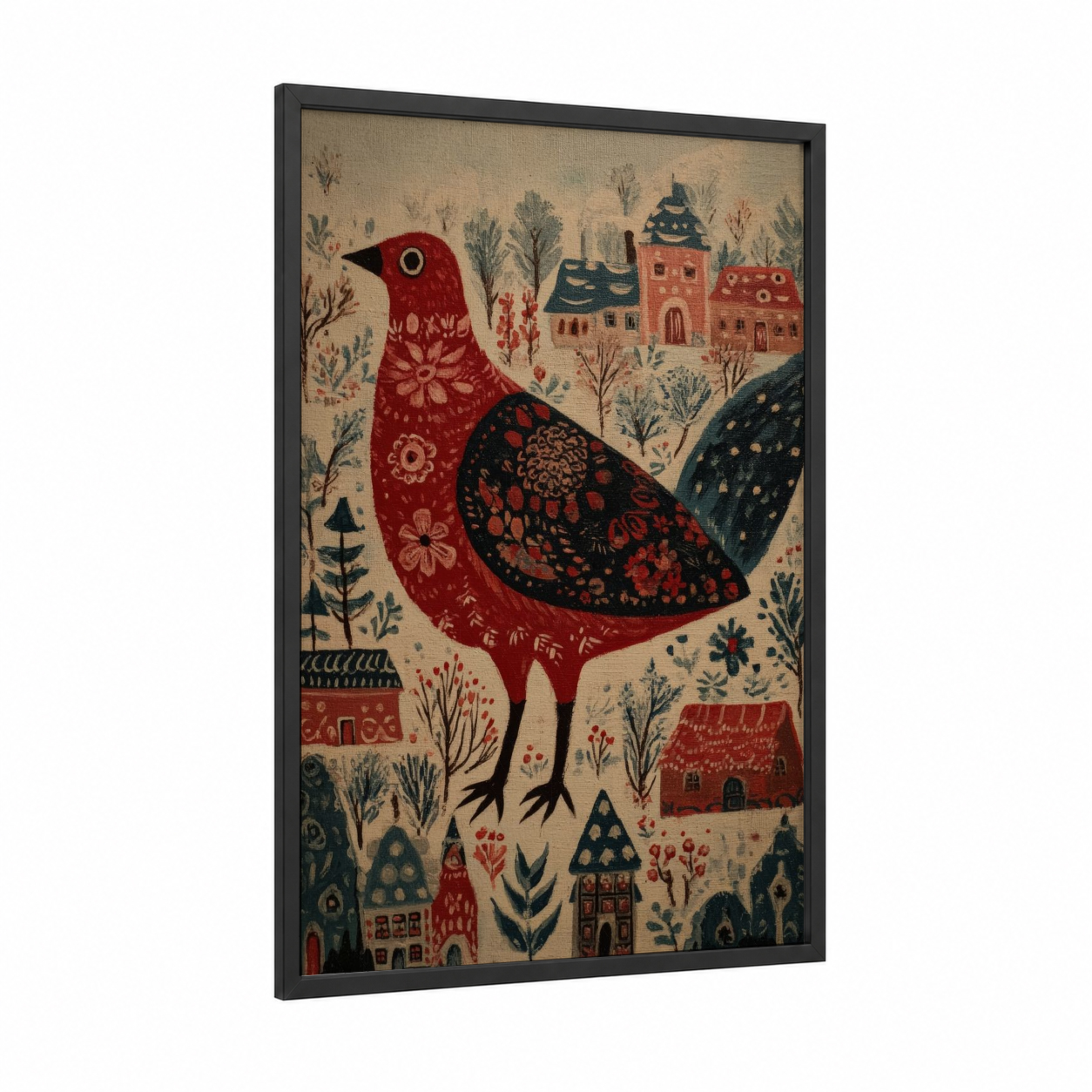 Scarlet Phoenix Village framed art print — black wood frame — red and cream palette