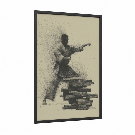Karate Master Breaking framed art print — black wood frame — beige and black palette