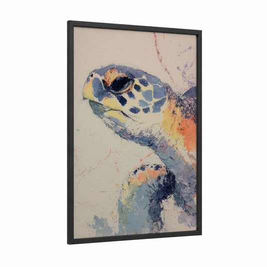 Watercolor Turtle framed art print — black wood frame — blue and peach palette