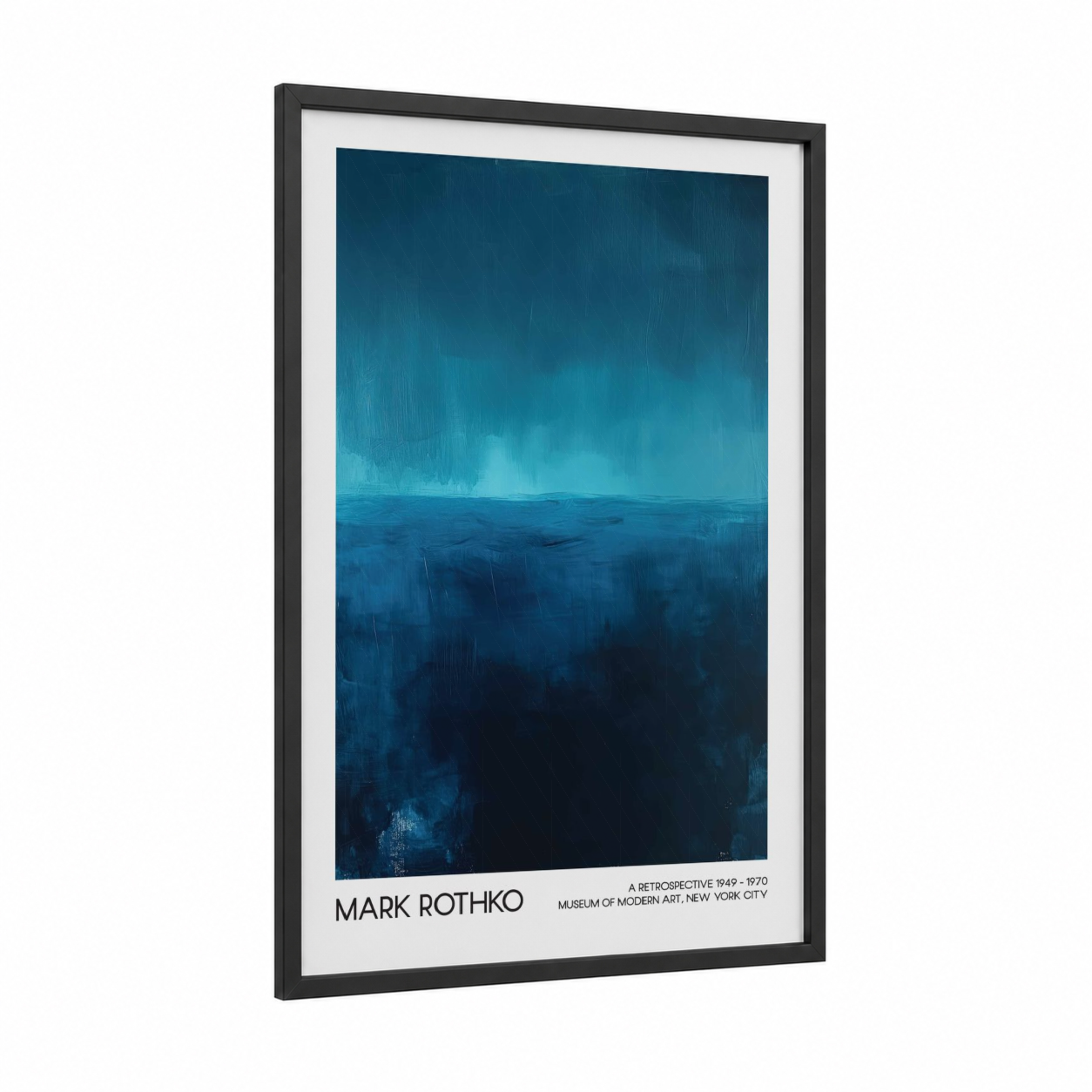 Twilight Waters framed abstract classic print — black wood frame — dark blue and teal palette