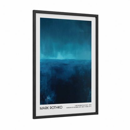 Twilight Waters framed abstract classic print — black wood frame — dark blue and teal palette