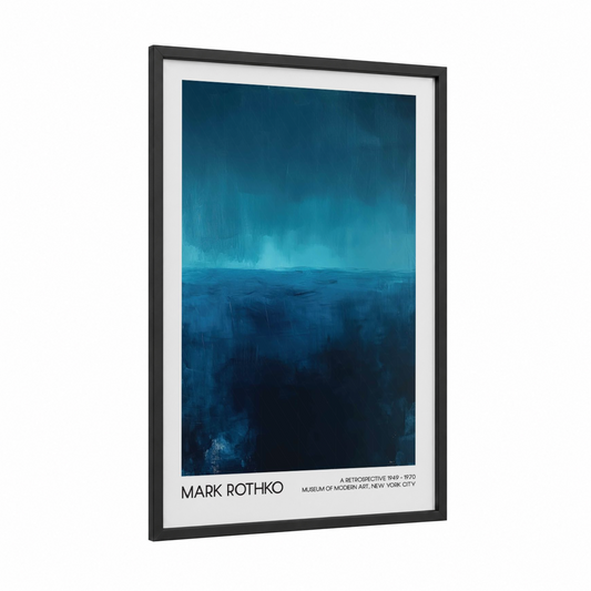 Twilight Waters framed abstract classic print — black wood frame — dark blue and teal palette
