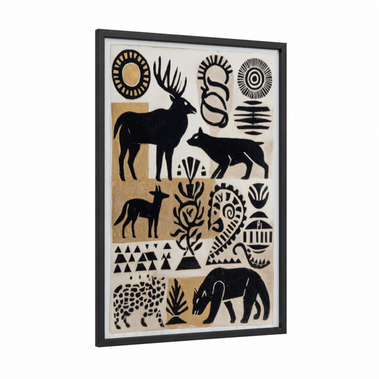 Wildlife Symbols framed abstract traditional print — black wood frame — black and gold and cream palette