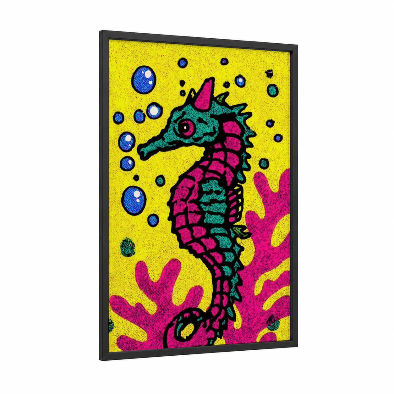 Neon Seahorse framed sea horse print — black wood frame — yellow and magenta palette
