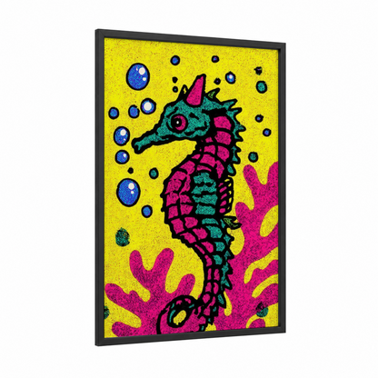 Neon Seahorse framed sea horse print — black wood frame — yellow and magenta palette