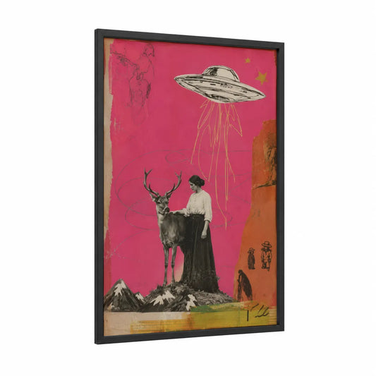 Vintage UFO Deer Surreal Wall Art framed art print — black wood frame — pink and gold palette