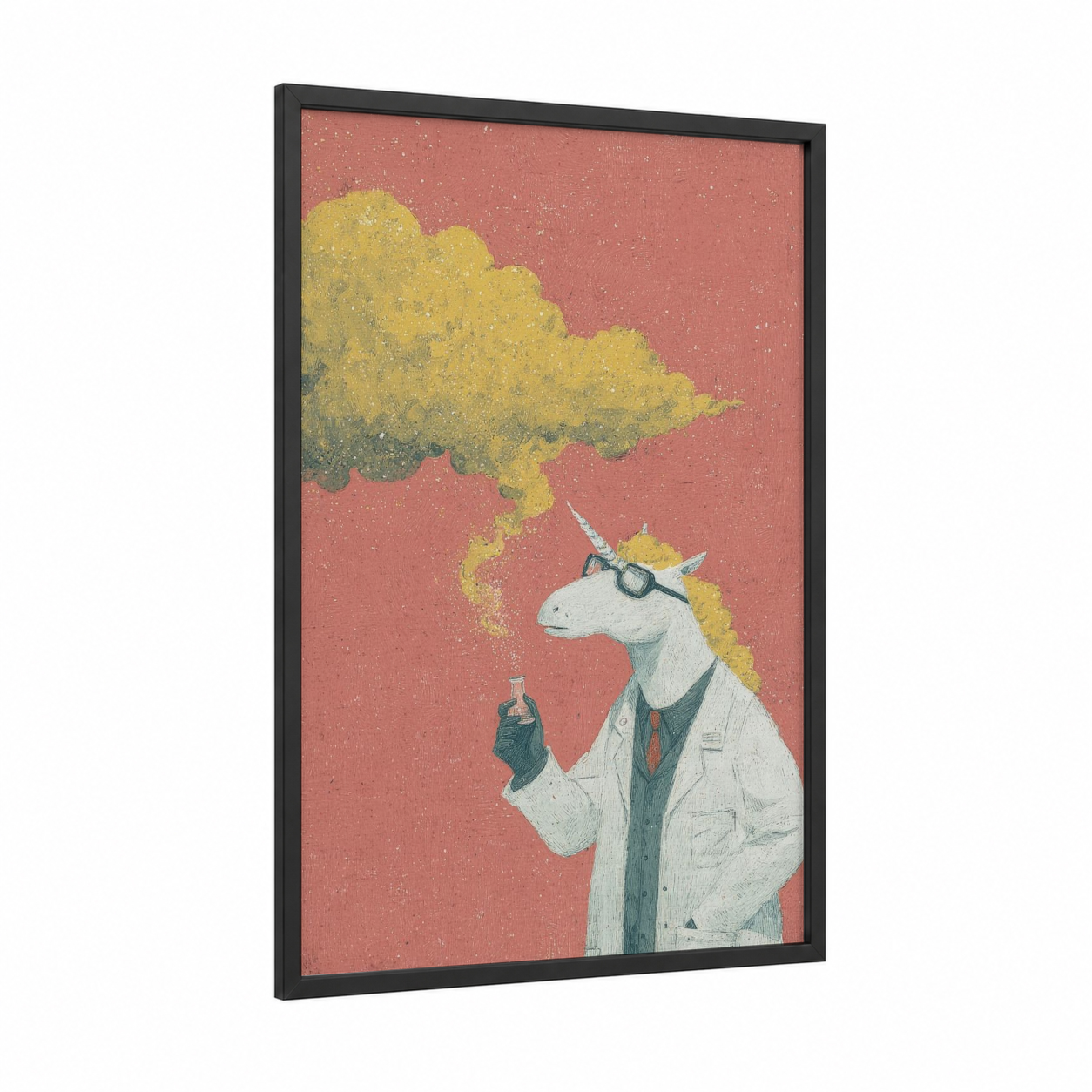 Scientist Unicorn framed unicorns print — black wood frame — yellow gold and salmon pink palette