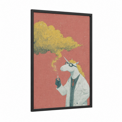 Scientist Unicorn framed unicorns print — black wood frame — yellow gold and salmon pink palette