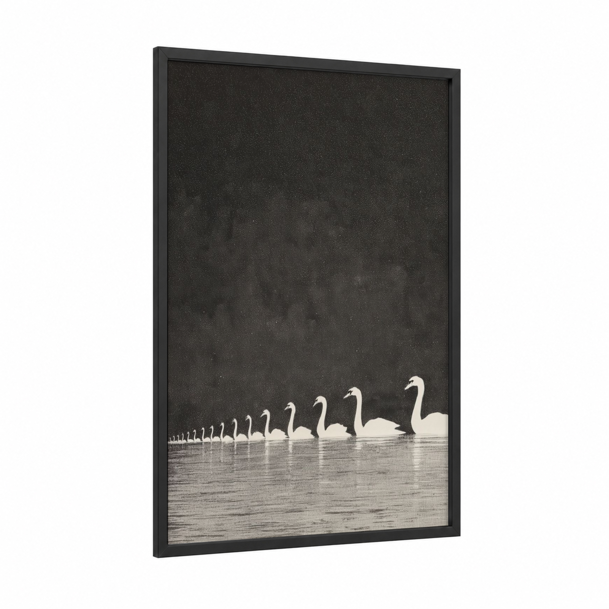 Graceful Swan Procession framed art print — black wood frame — black and white palette