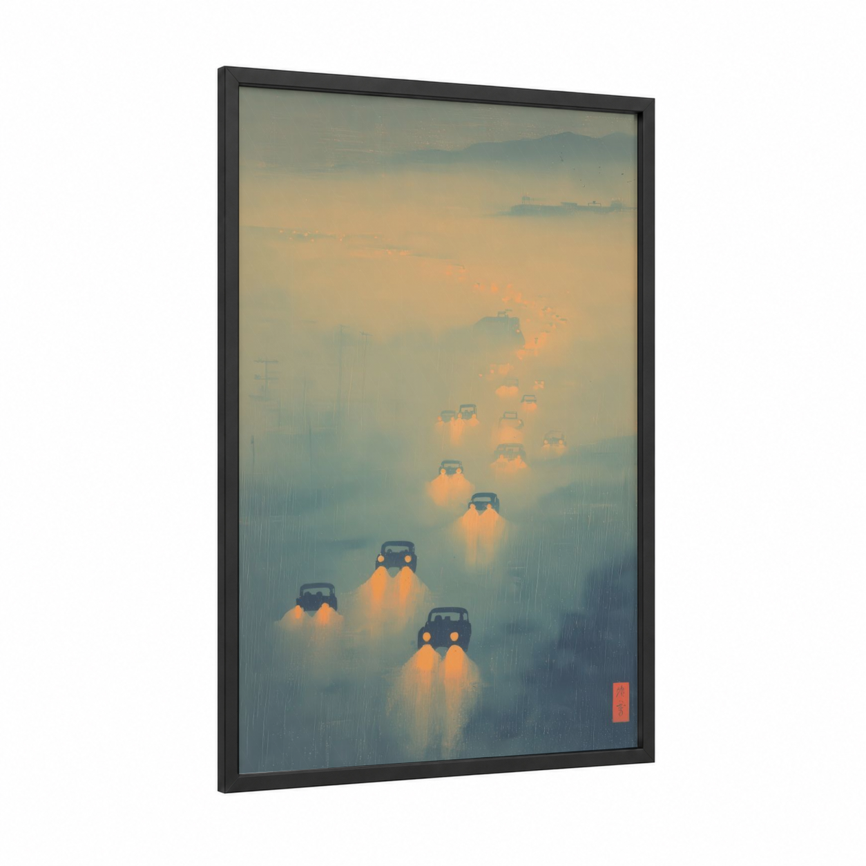 Neon Racing Rain framed auto racing print — black wood frame — gold and blue and gray palette