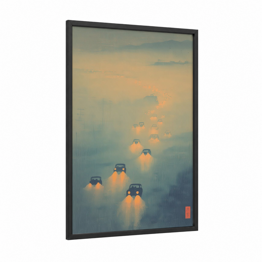 Neon Racing Rain framed auto racing print — black wood frame — gold and blue and gray palette