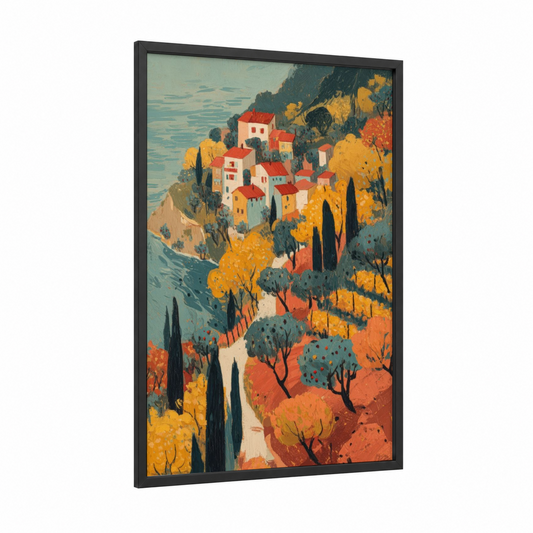 Autumn Clifftop Village framed art print — black wood frame — gold and orange palette