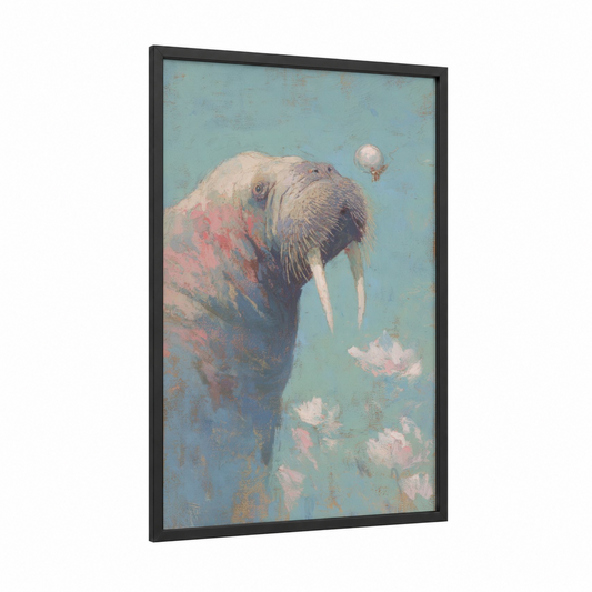Dreaming Walrus framed art print — black wood frame — blue and white and pink palette
