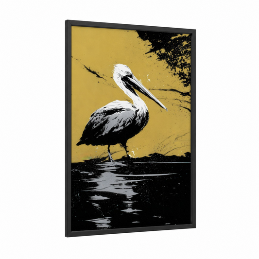 Golden Pelican framed art print — black wood frame — yellow gold and black and white palette