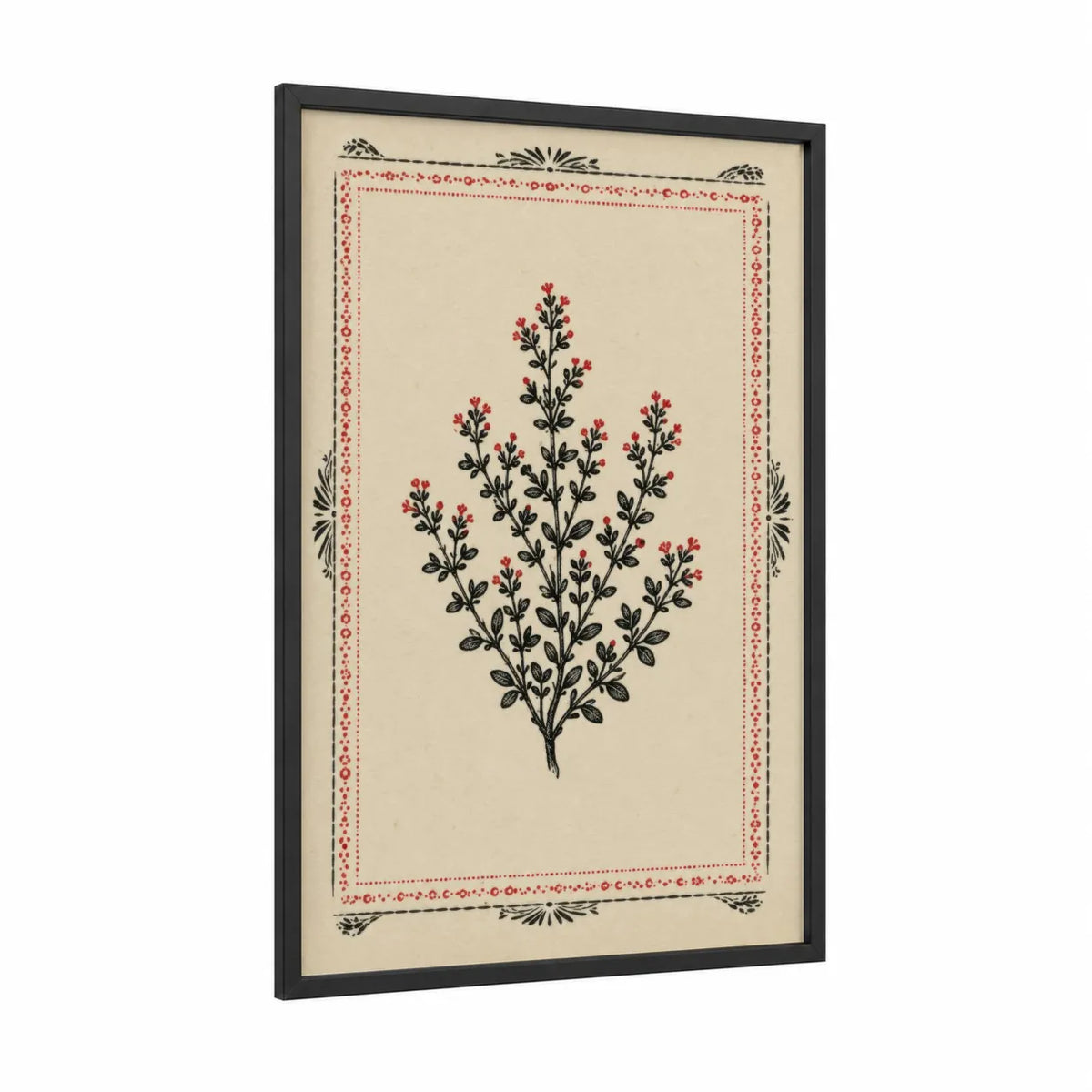 Vintage Botanical Herb Wall Art framed flower print — black wood frame — beige and red palette
