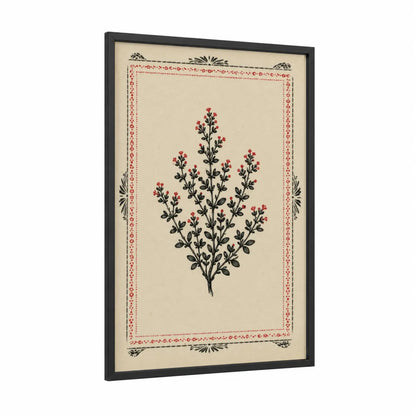 Vintage Botanical Herb Wall Art framed flower print — black wood frame — beige and red palette