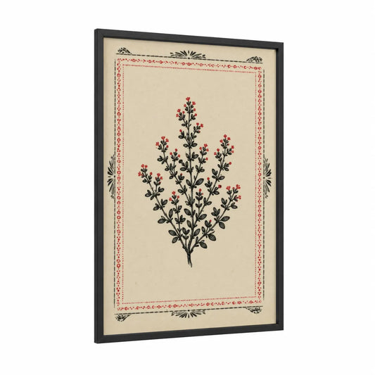 Vintage Botanical Herb Wall Art framed flower print — black wood frame — beige and red palette