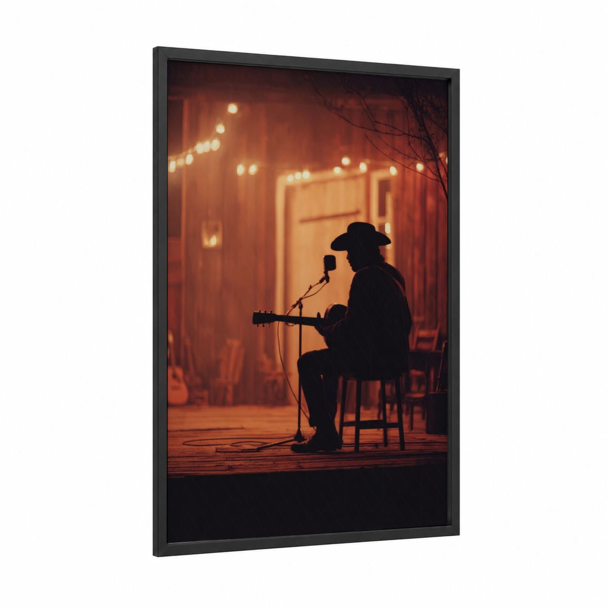 Solitary Country Performer framed art print — black wood frame — russet and gold palette