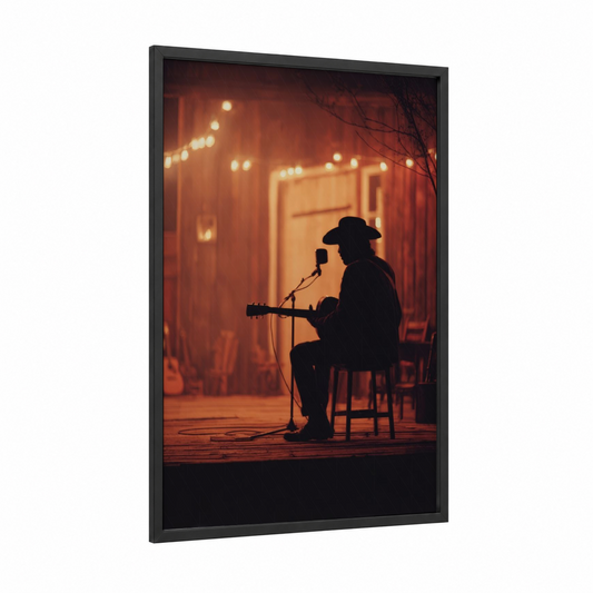 Solitary Country Performer framed art print — black wood frame — russet and gold palette