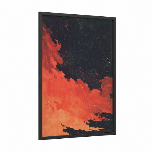 Cosmic Fire Sky framed space print — black wood frame — red and black palette