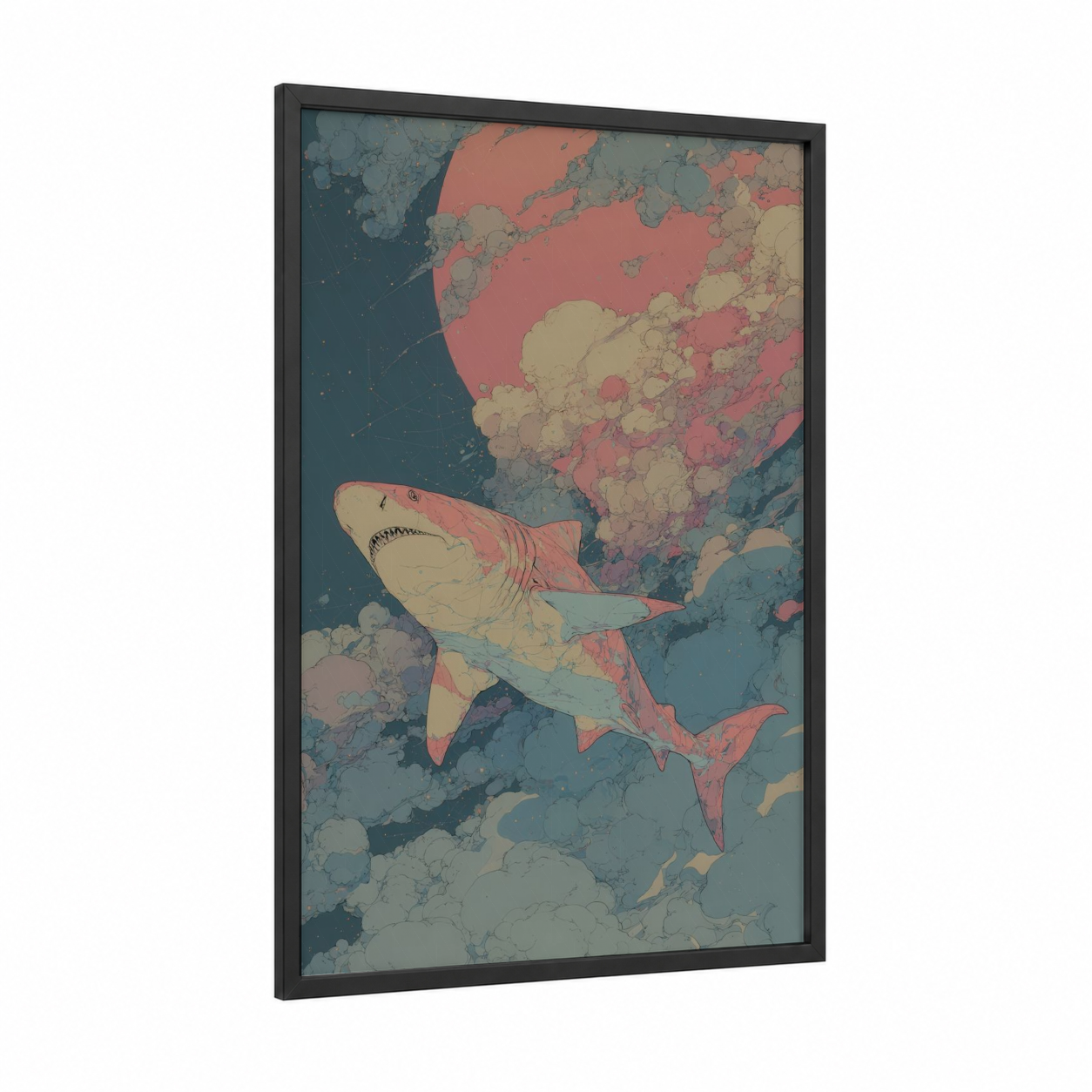 Coral Sand Tiger framed sand tiger shark print — black wood frame — salmon pink and bermuda gray palette