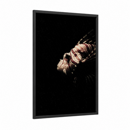 Crimson Lionfish framed art print — black wood frame — black and maroon palette
