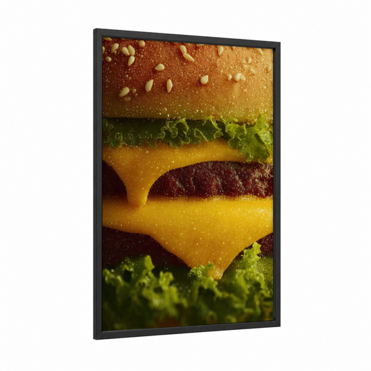 Gourmet Burger Close-up framed fast food print — black wood frame — gold and dark green palette