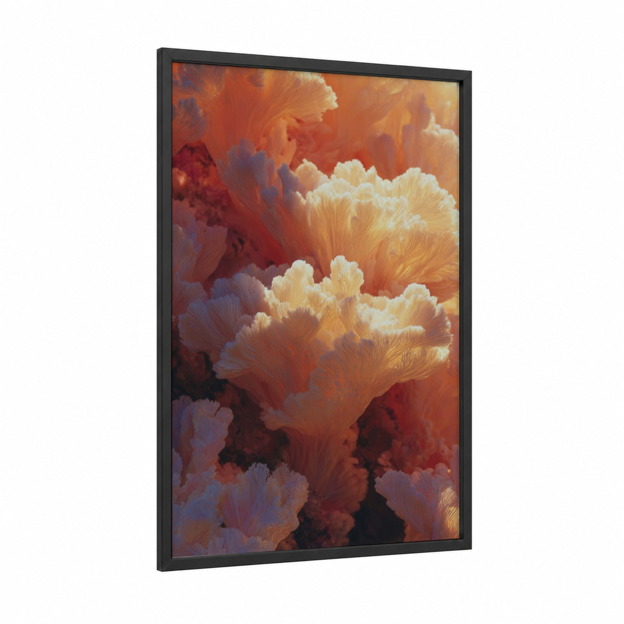 Crimson Coral Garden framed art print — black wood frame — red and gold palette