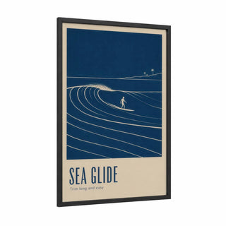 Vintage Surf Illustration Minimalist Wall Art framed surfing print — black wood frame — dark blue and beige palette