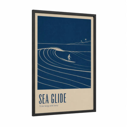 Vintage Surf Illustration Minimalist Wall Art framed surfing print — black wood frame — dark blue and beige palette