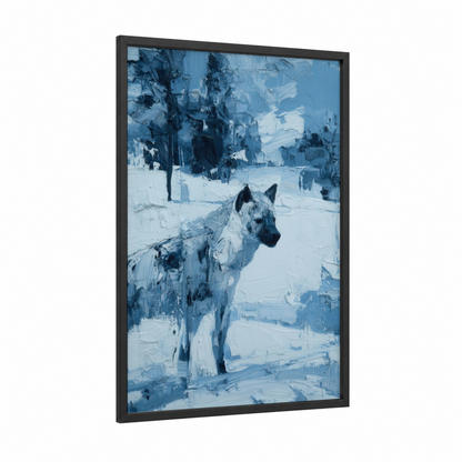 Snowy Hyena framed art print — black wood frame — blue and white palette