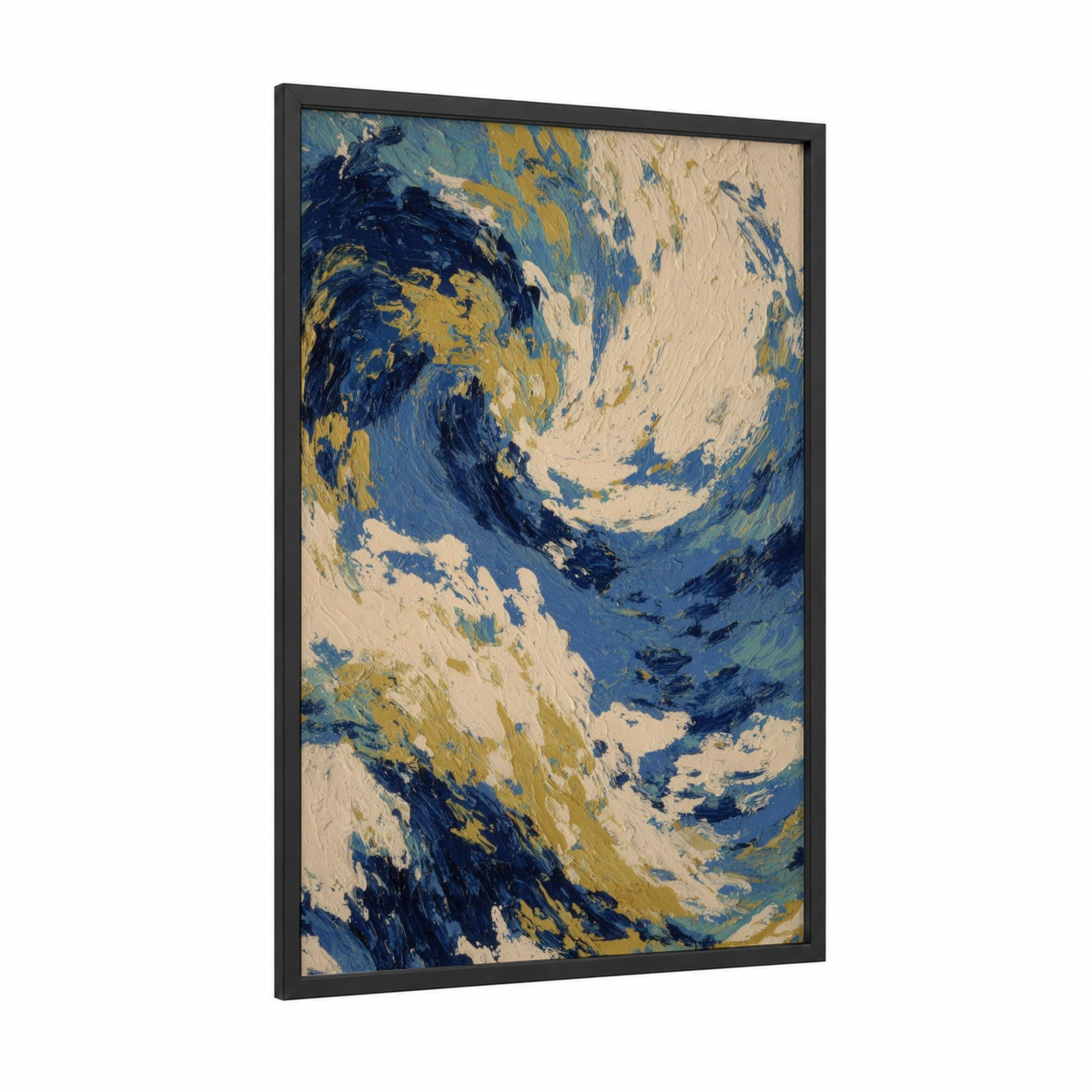 Abstract Snook framed art print — black wood frame — dark blue and yellow gold palette