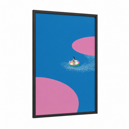 Floating Paradise Illustration framed swimming print — black wood frame — blue and pink palette