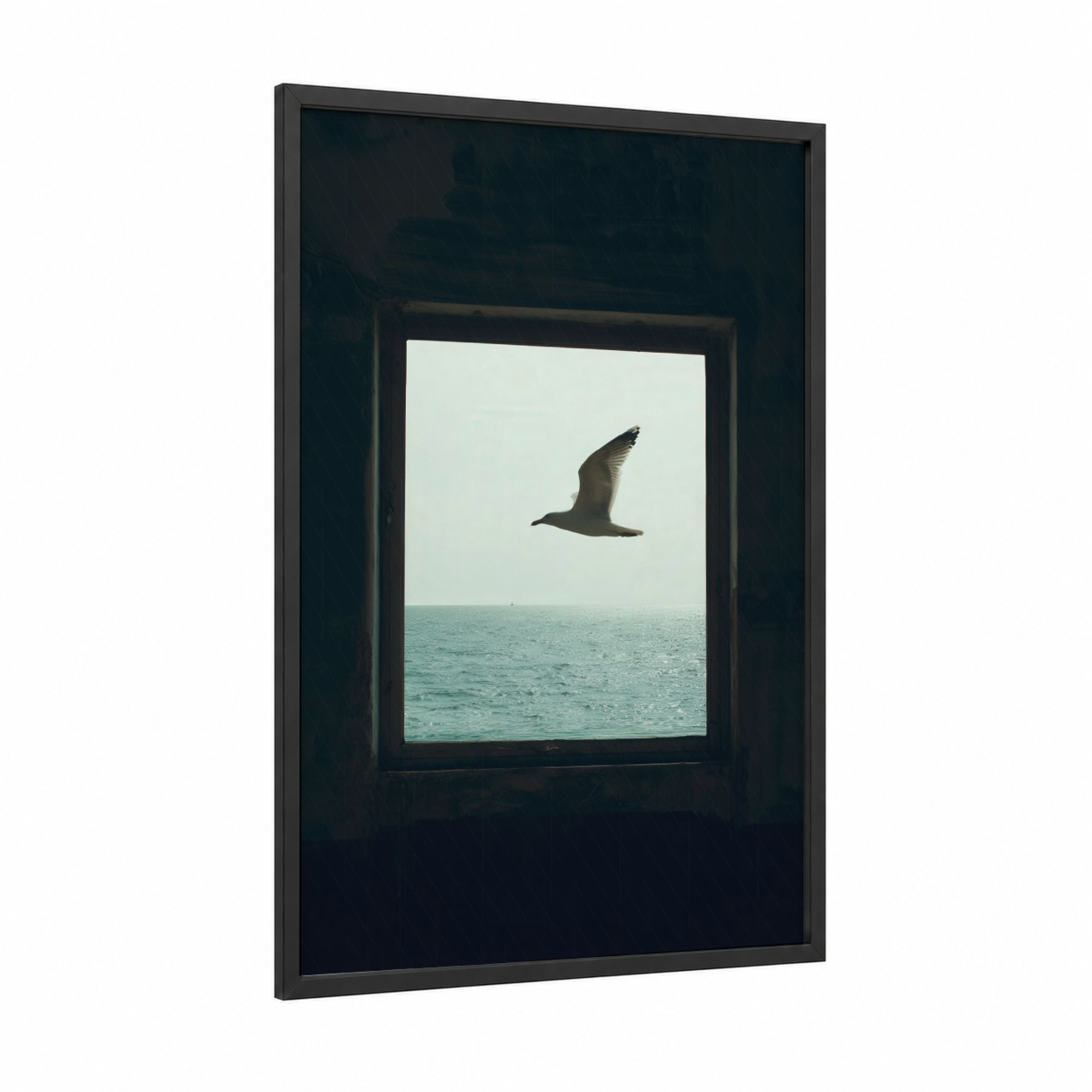 Ocean Window Seagull framed art print — black wood frame — teal and white palette