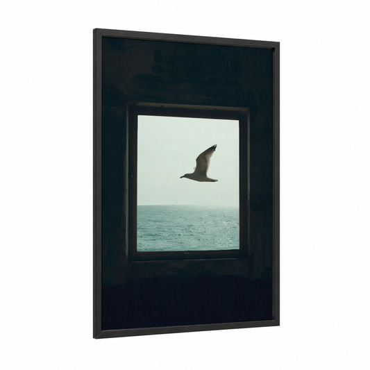 Ocean Window Seagull framed art print — black wood frame — teal and white palette