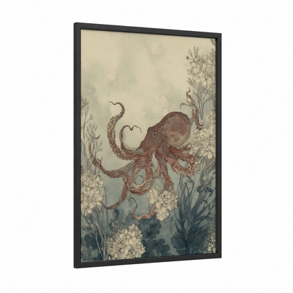 Coral Garden Octopus framed art print — black wood frame — cream and russet palette