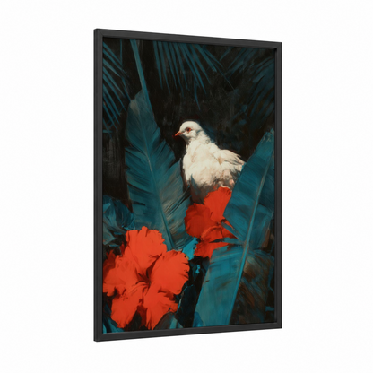 Tropical Dove framed art print — black wood frame — teal and red palette
