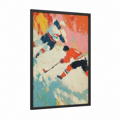 Dynamic Hockey Motion framed ice hockey print — black wood frame — red and blue palette