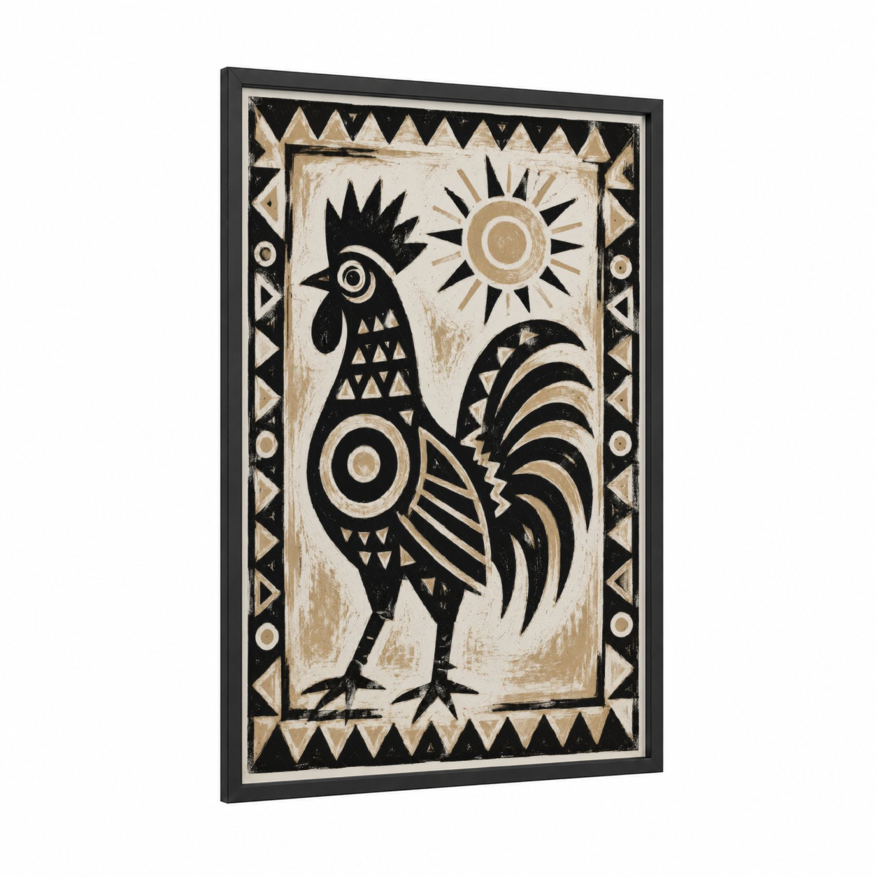 Geometric Rooster Folk Art Wall Art framed chicken and roosters print — black wood frame — black and white and beige palette