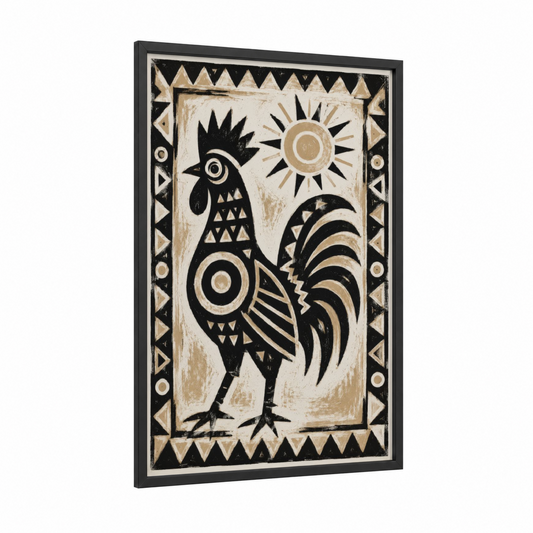 Geometric Rooster Folk Art Wall Art framed chicken and roosters print — black wood frame — black and white and beige palette
