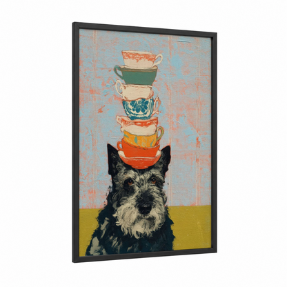 Teacup Terrier framed art print — black wood frame — blue and orange palette