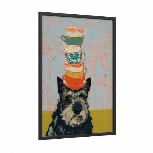 Teacup Terrier framed art print — black wood frame — blue and orange palette