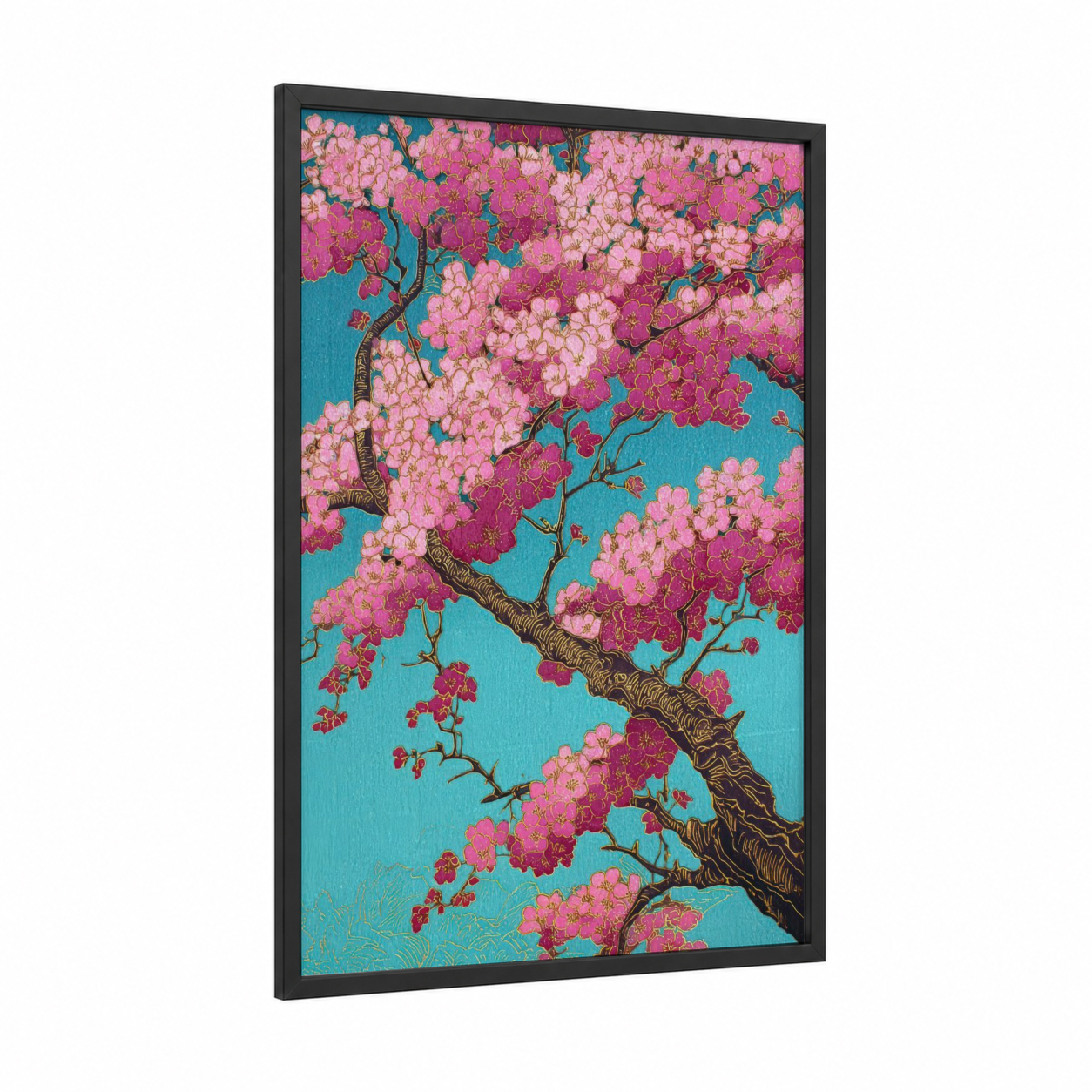 Turquoise Blossom framed cherry blossoms print — black wood frame — pink and teal palette