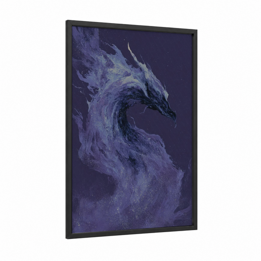 Cosmic Dragon framed art print — black wood frame — purple and black palette