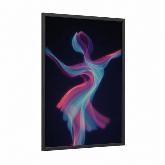Neon Zumba Dancer framed art print — black wood frame — magenta and blue palette