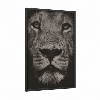 Majestic Lion Portrait framed art print — black wood frame — black and white palette