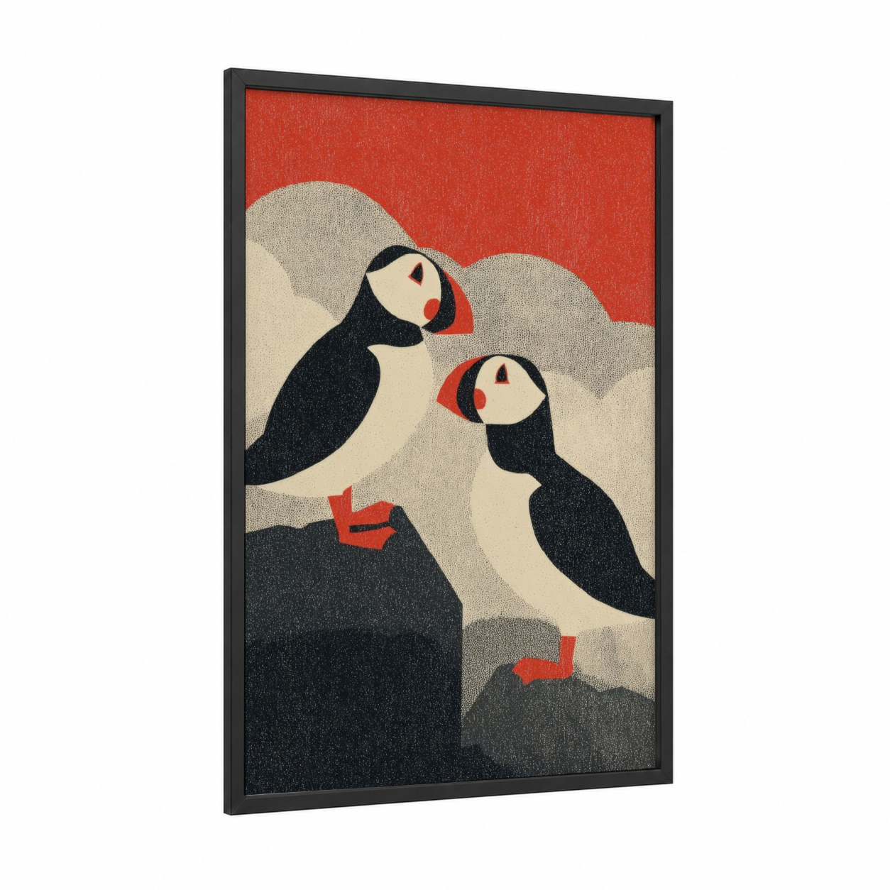 Puffin Pair framed animals in love print — black wood frame — red and black and white palette