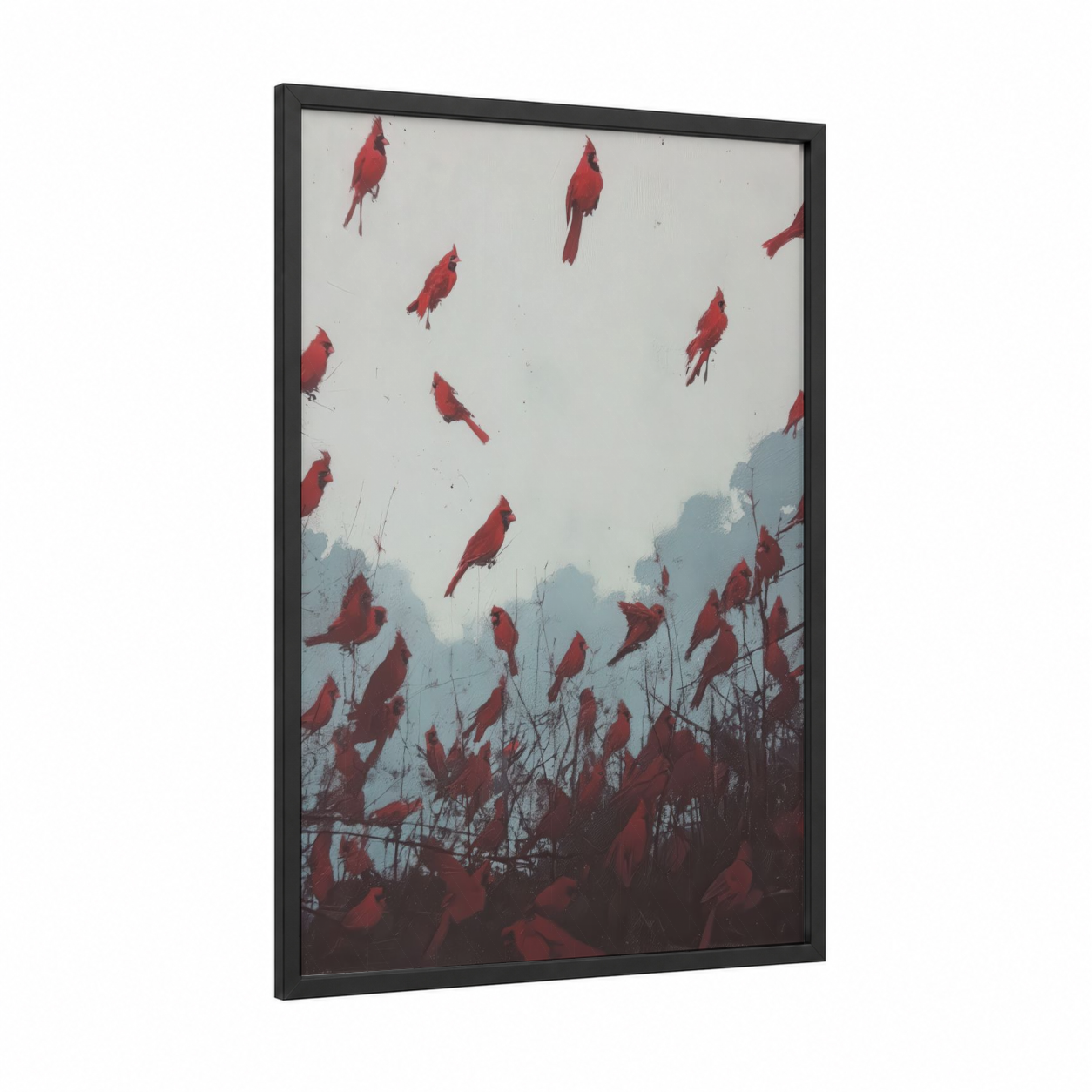 Crimson Cardinal Flock framed art print — black wood frame — maroon and dove gray palette