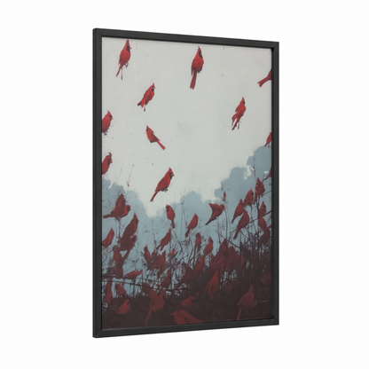 Crimson Cardinal Flock framed art print — black wood frame — maroon and dove gray palette